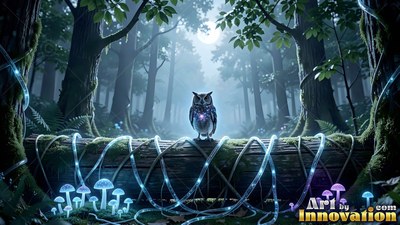 Bright purple chest feathers mark a small owl perched on a mossy log in a moonlit forest