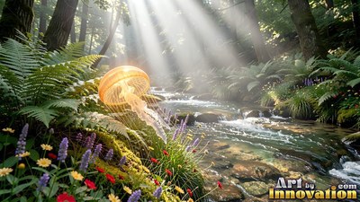 A yellow jellyfish floats above a forest stream in bright sunbeams