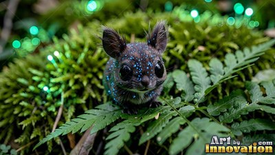 Crouched on green moss and ferns, a tiny speckled creature looks forward