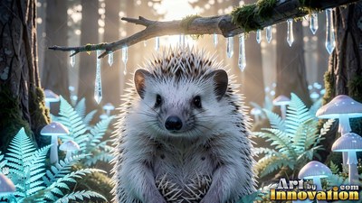 A spiky white hedgehog sits among pale blue ferns under hanging crystals