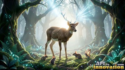 In a sunny clearing, a brown deer stands among three mice and a winged mouse