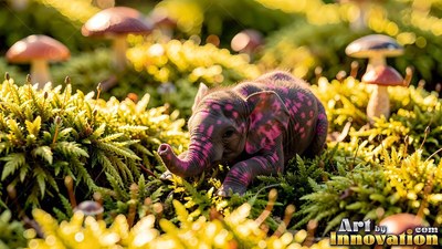 Crawling through sunny green moss, a tiny elephant has bright pink spots