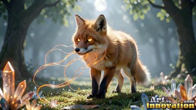 Red fox in a sunlit forest holding light ribbons in its mouth