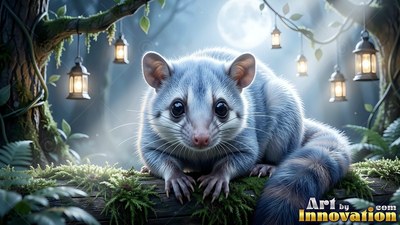 Large dark eyes stand out on a fluffy gray possum perched on a log near hanging lanterns
