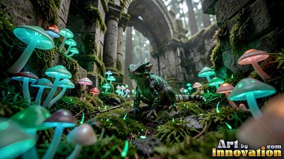 A small green lizard crawls by stone ruins, illuminated by bright teal mushrooms