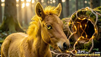Turn ed sideways, a small golden foal rests in a sunny forest beside a hollow log