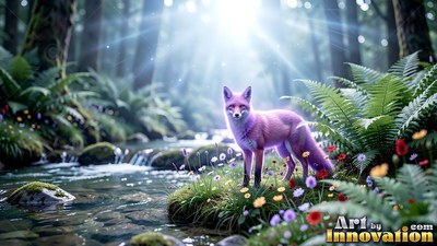 A purple fox stands by a forest stream under bright sunlight beams