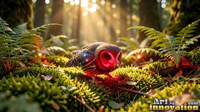 In a sunlit forest, a tiny red owl crouches on a bed of green moss
