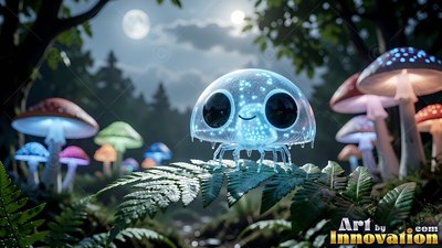 Perched on a green fern, a tiny clear jellyfish critter smiles near bright mushrooms