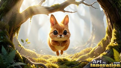 A tiny furry squirrel hops through sunlight under mossy tree branches