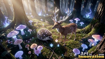 Bright white antlers top a small deer standing by a hedgehog among purple mushrooms