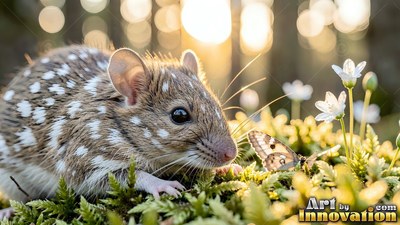 A spotted mouse crouches on green moss to face a small butterfly in warm morning sunlight