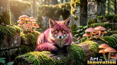 Lying on a mossy log in sunlit ruins, a reddish fox rests near mushrooms