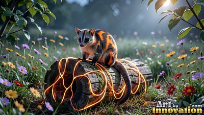 A small striped critter sits on an old log wrapped in bright orange wire