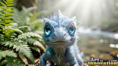 In a sunlit forest, a tiny blue lizard creature smiles near green ferns