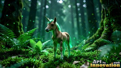 Standing on mossy ground, a tiny unicorn with a green mane looks ahead in a dark woods