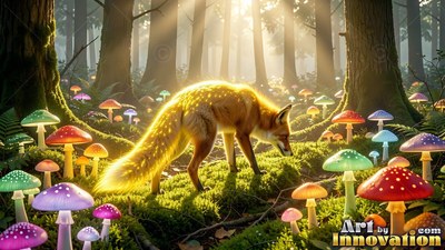 A golden fox walks on moss between colorful mushrooms