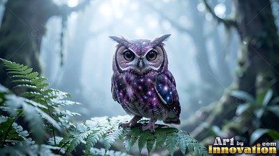 Purple starry feathers cover an owl perched on green ferns in a misty forest