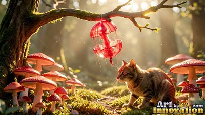 A small striped cat sits by red mushrooms, watching a hanging lantern in warm sunlight
