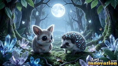 Sitting face to face in a moonlit forest, a fluffy mouse and a hedgehog meet
