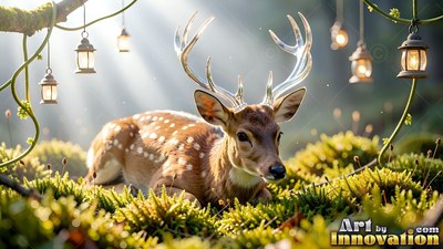 A spotted deer lies in green moss under hanging lantern lights in the woods