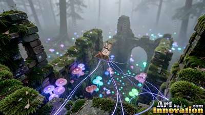 In foggy stone ruins, a winged mouse hovers over purple and green mushrooms