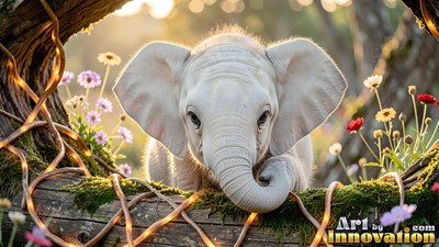 Peeking over a mossy log, a tiny white elephant rests in sunny wildflowers