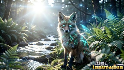 A fox with light blue markings sits by a forest creek