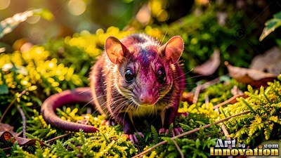 A long curved tail curls beside a fuzzy mouse sitting on green moss in warm sunlight