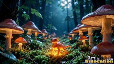 A small orange lizard stands on moss under bright mushrooms lit by warm yellow light