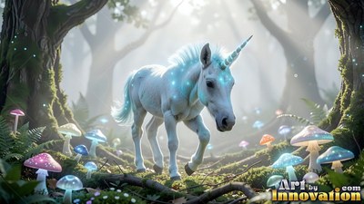 Walking forward in a misty forest, a white unicorn passes tiny mushrooms