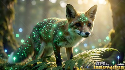 A small fox stands in ferns with tiny green lights shining on its fur