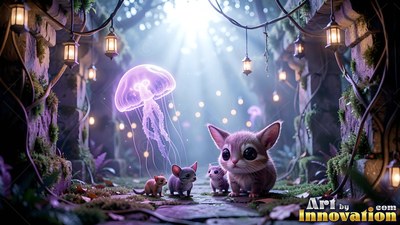 In a mossy stone hallway, fuzzy tiny critters watch a purple jellyfish float