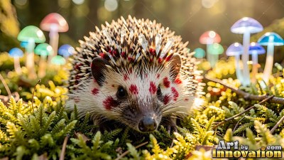 Sn iffing the mossy ground, a small hedgehog rests by colorful mushrooms