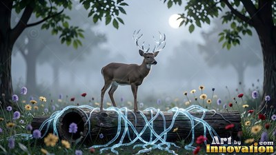A deer with glass antlers standing on a hollow log in a misty forest