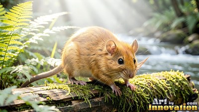 Round ears perked, a fuzzy golden mouse pauses on a mossy log beside a sunlit forest stream