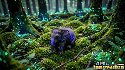 A tiny elephant walks over green moss beside bright turquoise specks of light