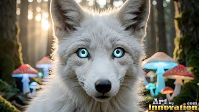 Facing forward, a white fox with bright blue eyes sits near forest mushrooms