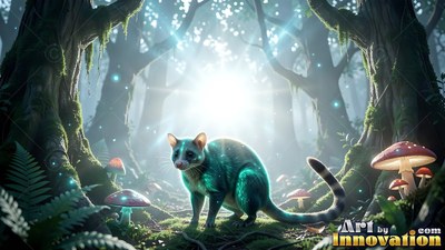 A green opossum creature stands by wild mushrooms in a bright sunny woods