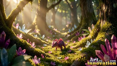 In a sunlit forest, a tiny pink horned creature walks past purple crystals