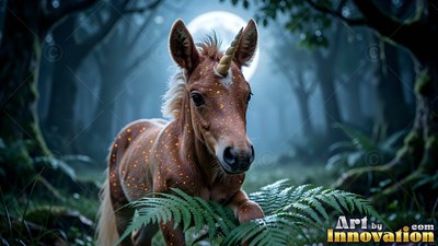 Stepping through ferns, a small brown unicorn walks in a dark forest under a pale moon