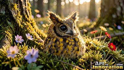 Tiny fluffy owl sitting in moss beside small purple flowers