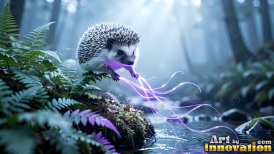 Spiky white quills cover a small hedgehog shooting purple light into a stream by ferns