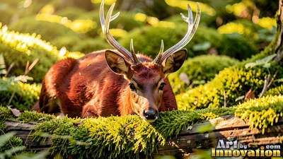 A horned deer lies behind a mossy log in bright yellow sunlight