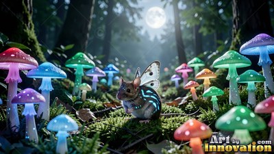 Crouching on moss, a winged mouse sits by bright mushrooms under a full moon