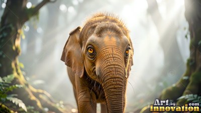 A small brown baby elephant walks through a bright sunny forest with tall trees