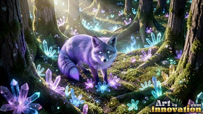 In a mossy woods with blue crystals, a small purple fox stands looking ahead