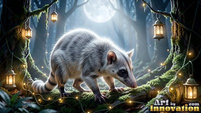 Walking along a mossy log, a striped furry critter passes hanging lanterns under moonlight