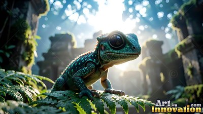 Small green lizard with big eyes resting on a fern in sunlight