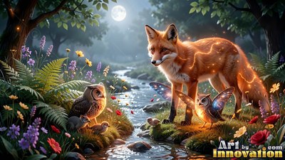 Orange lightning lines mark a red fox standing by a stream with small winged owls under full moonlight